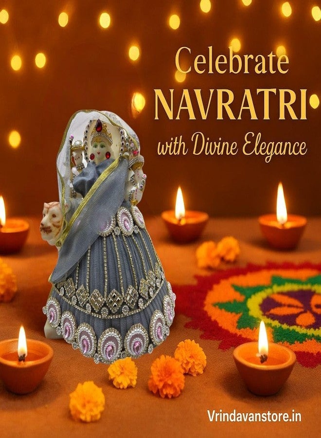 Vrindavanstore.in Navratri MATA Rani Chandraghanta Idol Dress | اليوم الثالث رمادي لينجا 11 بوصة مع دوباتا و6 بوصة تشولي | مصمم بوشاك لـ 17 بوصة أيدول | الأفضل لديفي بوجا وماندير الاحتفالي - Image 5